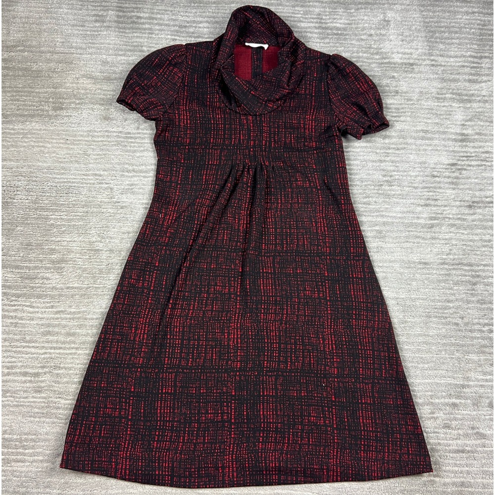 Calvin Klein Dress Womens Red Black Cowl Neck Puff Sleeve Textured A-Line 26862